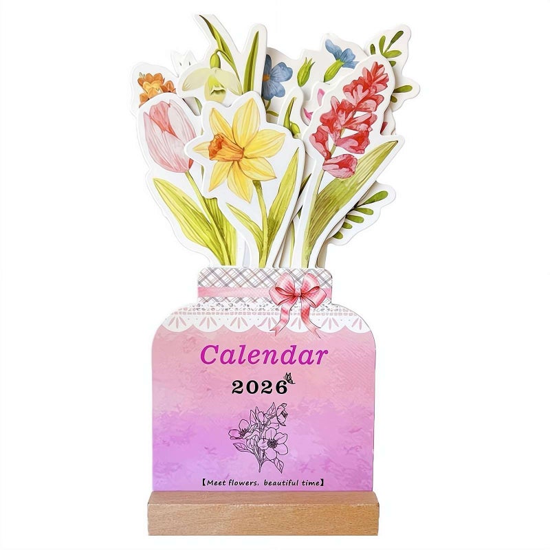 Flower Desk Calendar 2026 with Wooden Stand, Bloomy Bouquet Calendar, Removable Monthly Planner for Office Accessories, Home Decoration - Image 1